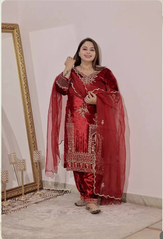 Imperial Red Velvet Embroidery Art Suit