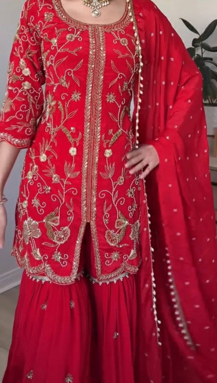 Royal Radiance Red Embroidered Sharara Set