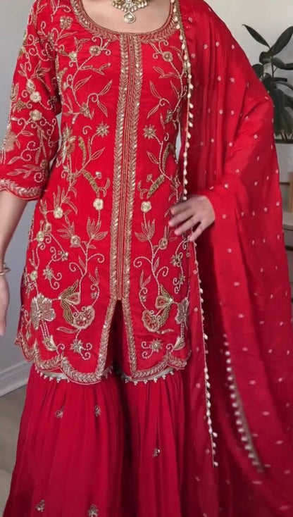 Royal Radiance Red Embroidered Sharara Set