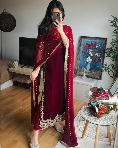 Aarvi Maroon Velvet Embroidered Suit Set