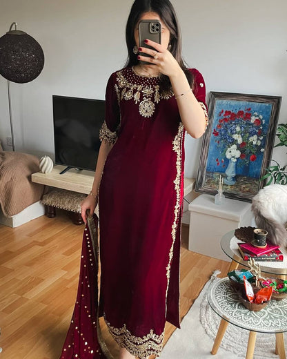 Aarvi Maroon Velvet Embroidered Suit Set