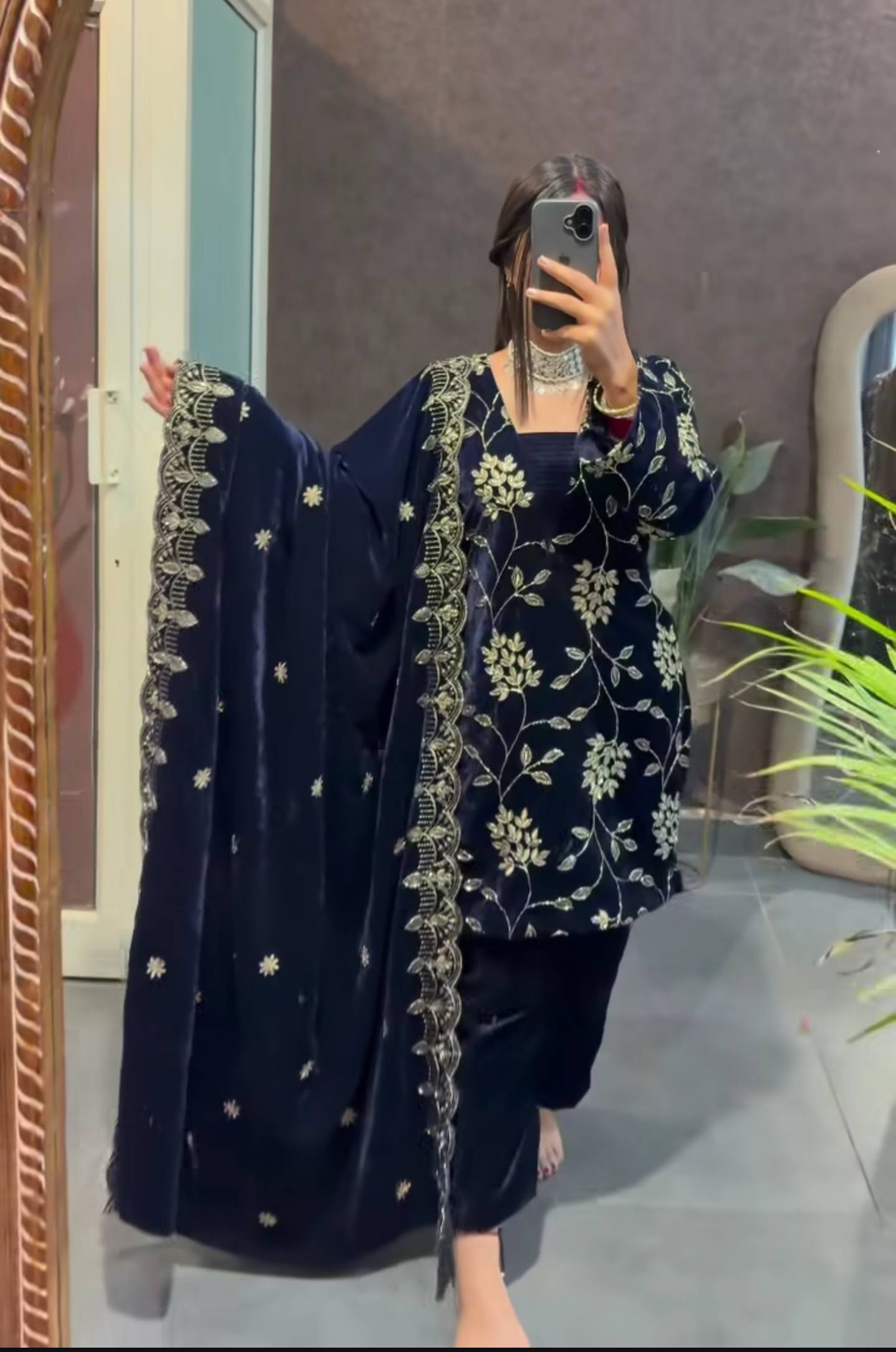 Blue Velvet Multi-Sequence Embroidered Suit Set