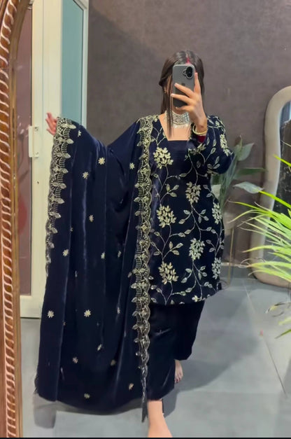 Blue Velvet Multi-Sequence Embroidered Suit Set
