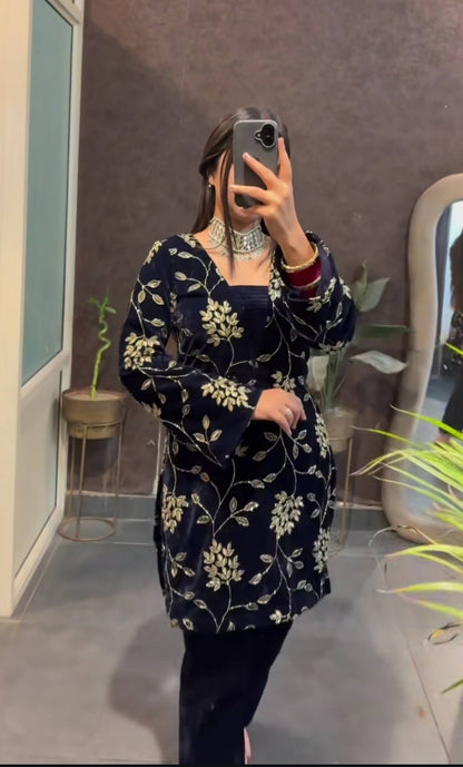 Blue Velvet Multi-Sequence Embroidered Suit Set