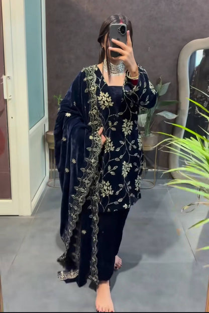 Blue Velvet Multi-Sequence Embroidered Suit Set