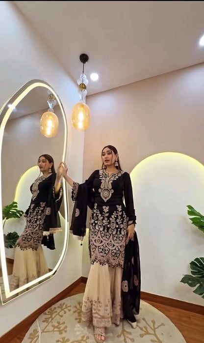 Black French Crape Sequin Sharara Suit Set