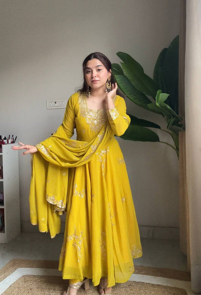 Jivika Mustard Yellow Embroidered Anarkali Set with Dupatta