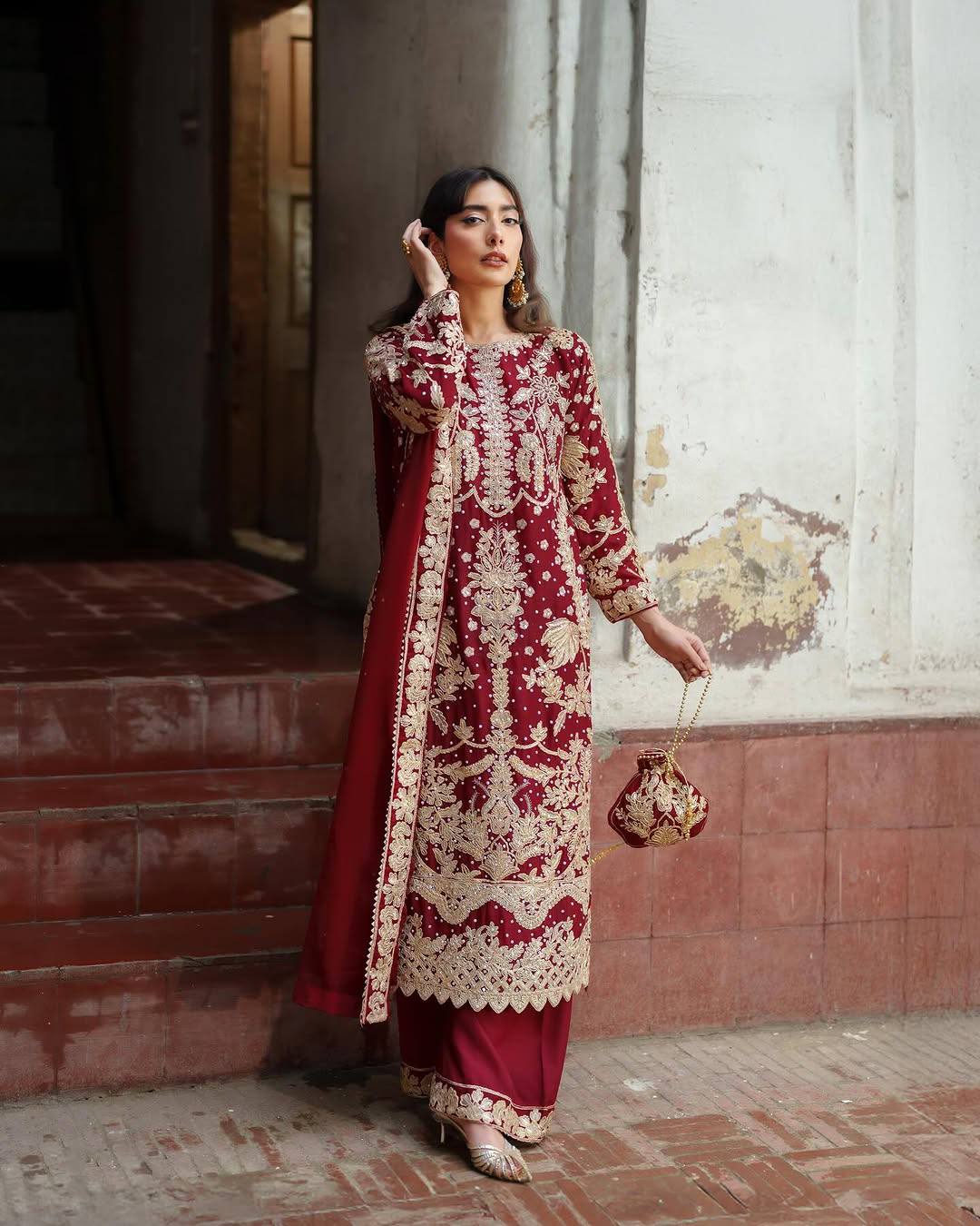 Heritage Maroon Embroidered Luxe Suit Set