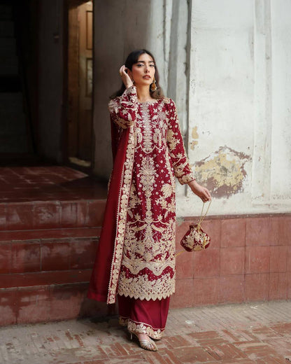 Heritage Maroon Embroidered Luxe Suit Set