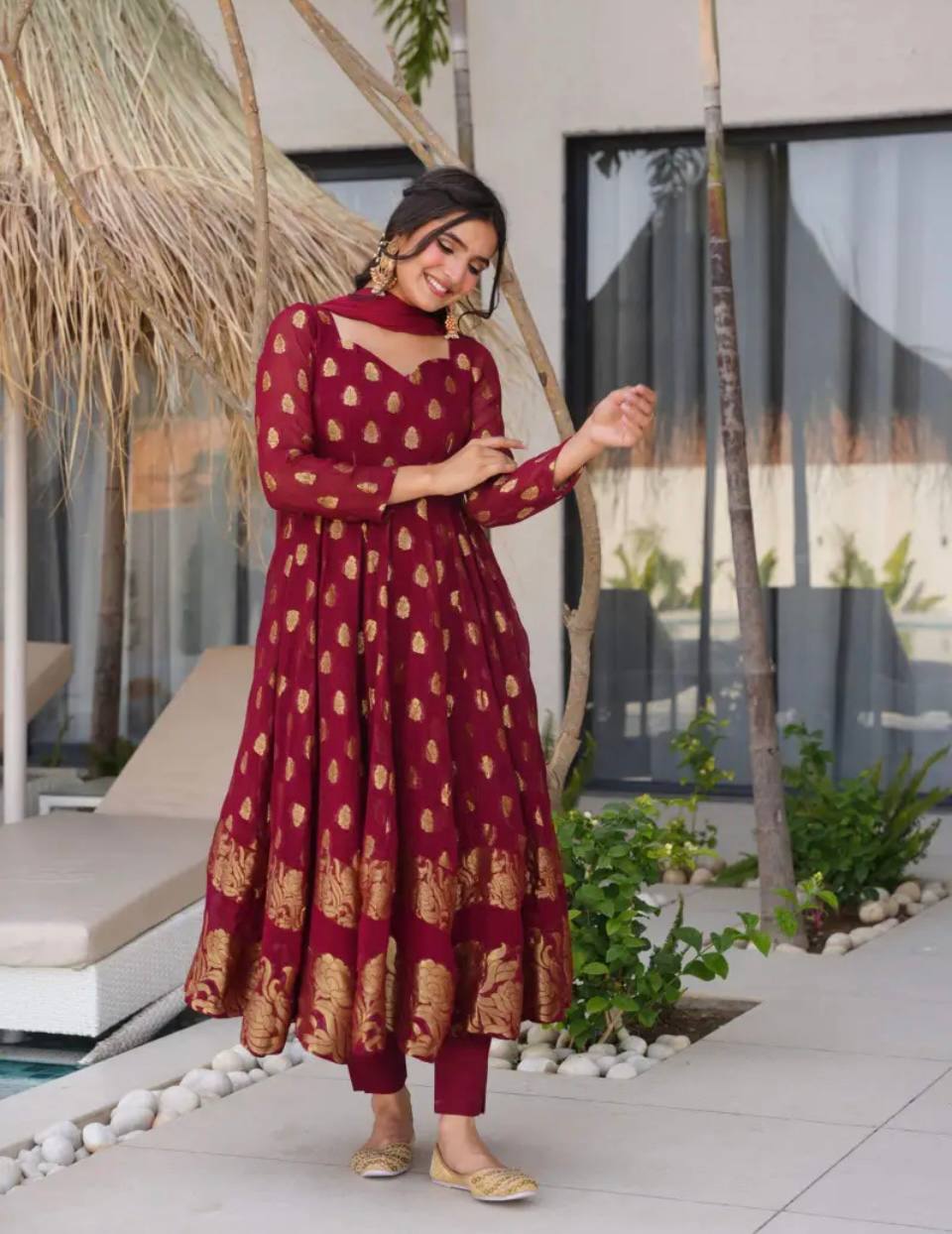 Regal Maroon Grace Golden Motif Anarkali Charm