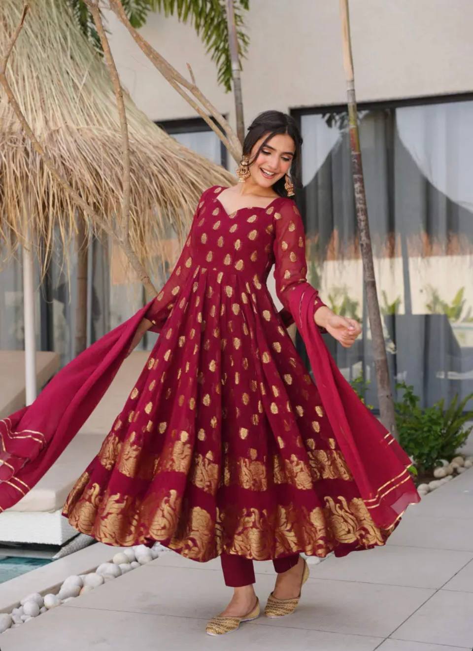 Regal Maroon Grace Golden Motif Anarkali Charm