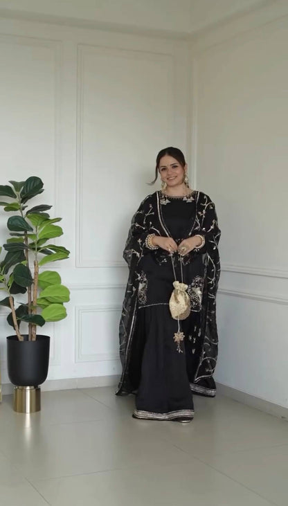 Black Embroidered Sharara Suit with Dupatta
