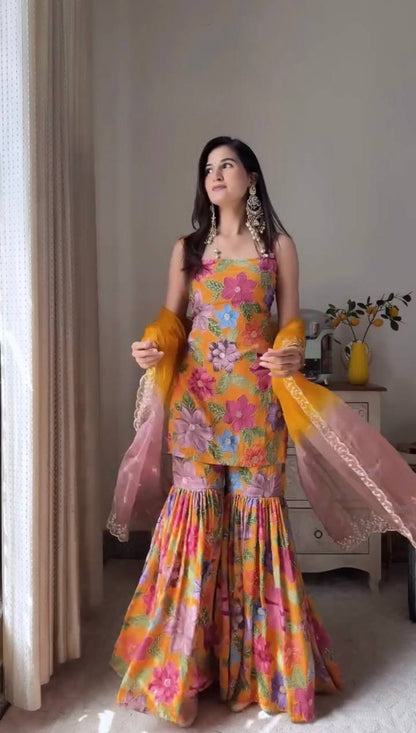 Floral Bliss Sharara Set with Embroidered Dupatta