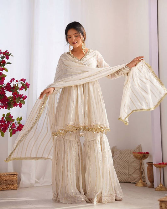 Ivory Glow Sharara Set with Mirror Lace Detailing