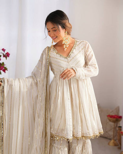 Ivory Glow Sharara Set with Mirror Lace Detailing