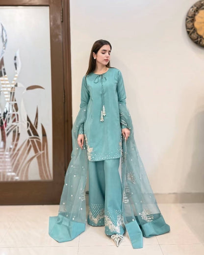 Aqua Dusk  Natural Crep Silk New Designer Suit