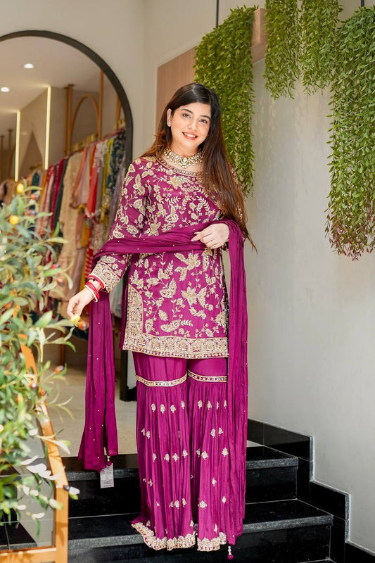 Regal Plum Elegance Handcrafted Embroidered Sharara Set