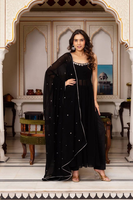 Black Handwork With Real Mirror Anarkali