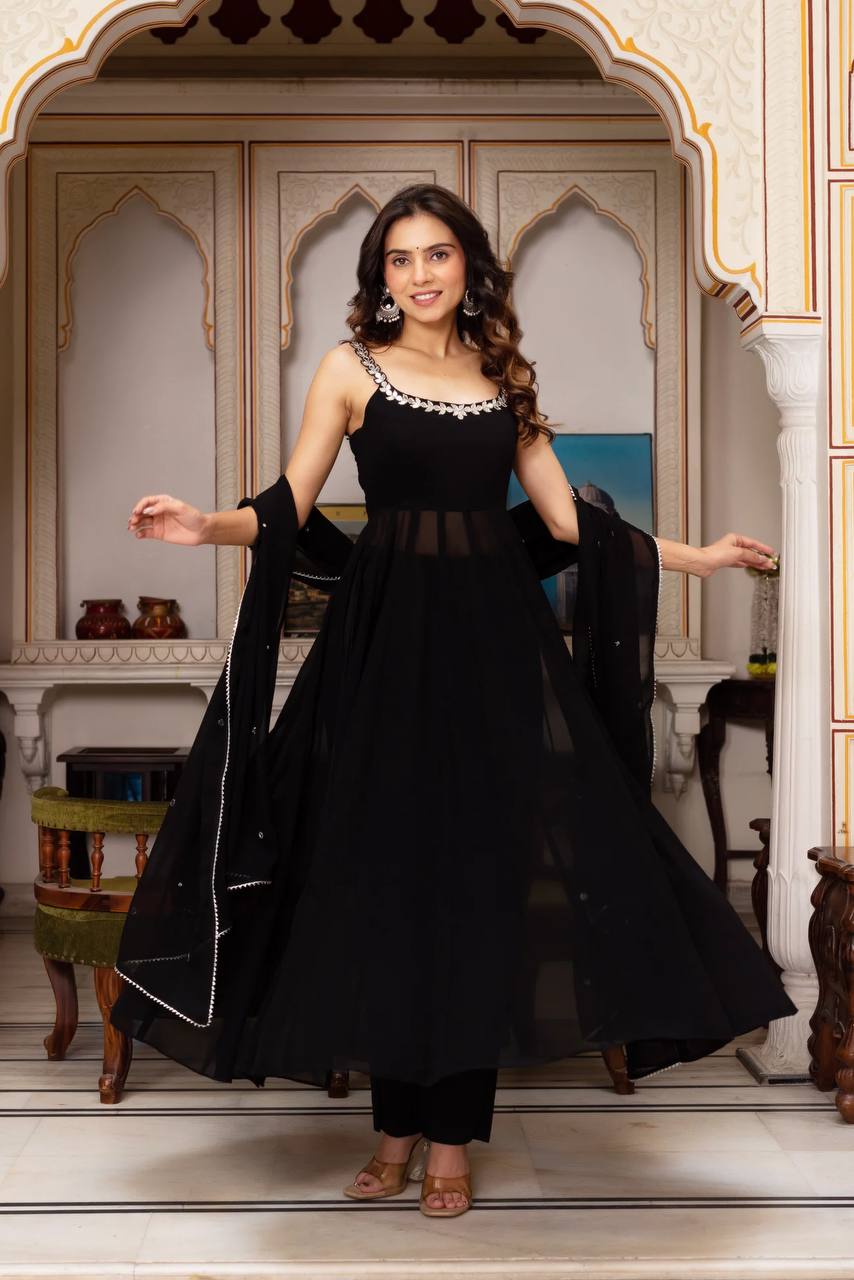 Black Handwork With Real Mirror Anarkali