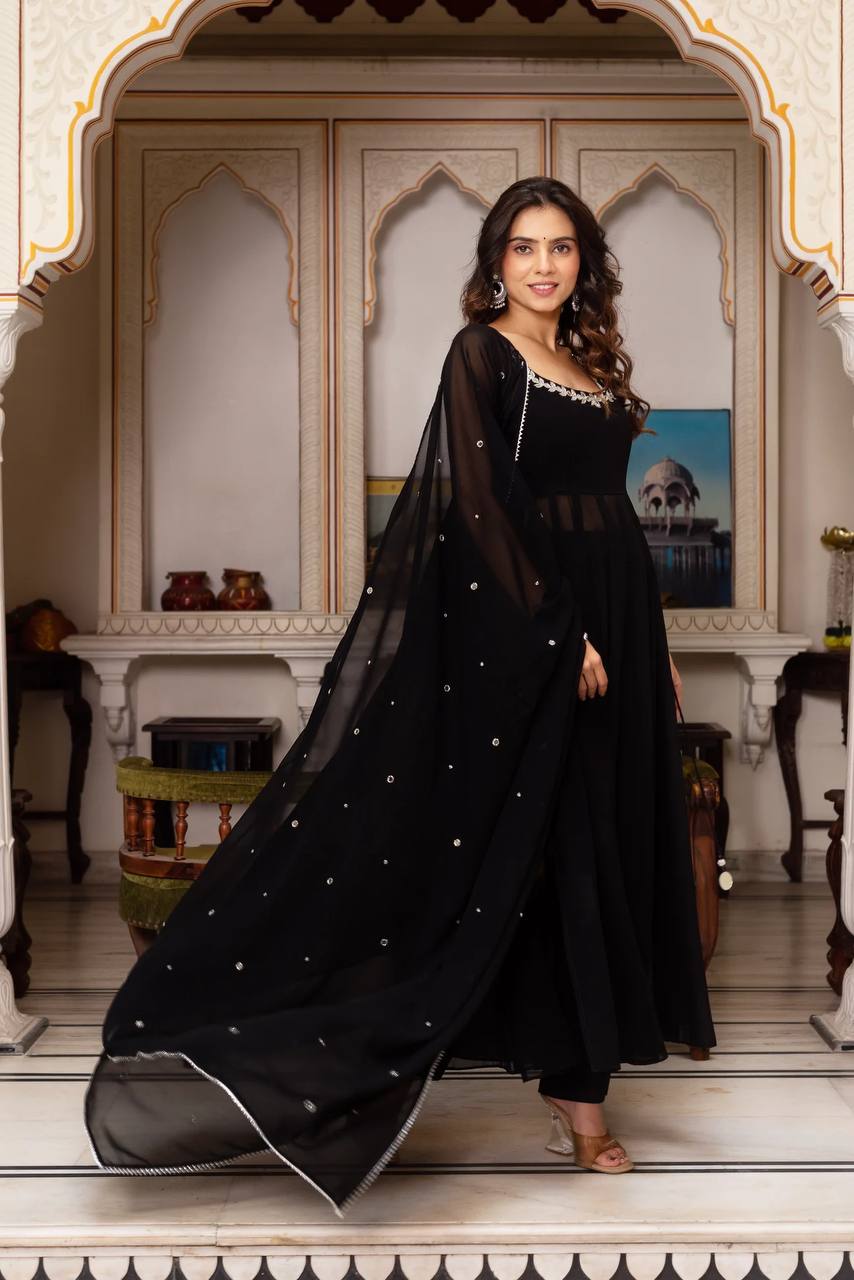 Black Handwork With Real Mirror Anarkali
