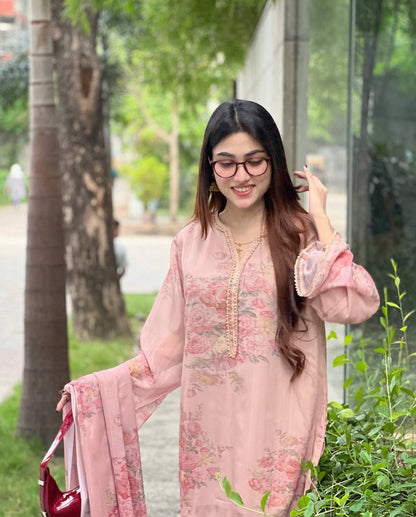 Blush Bloom Soft Muslin with Digital Rose Print Farshi Set