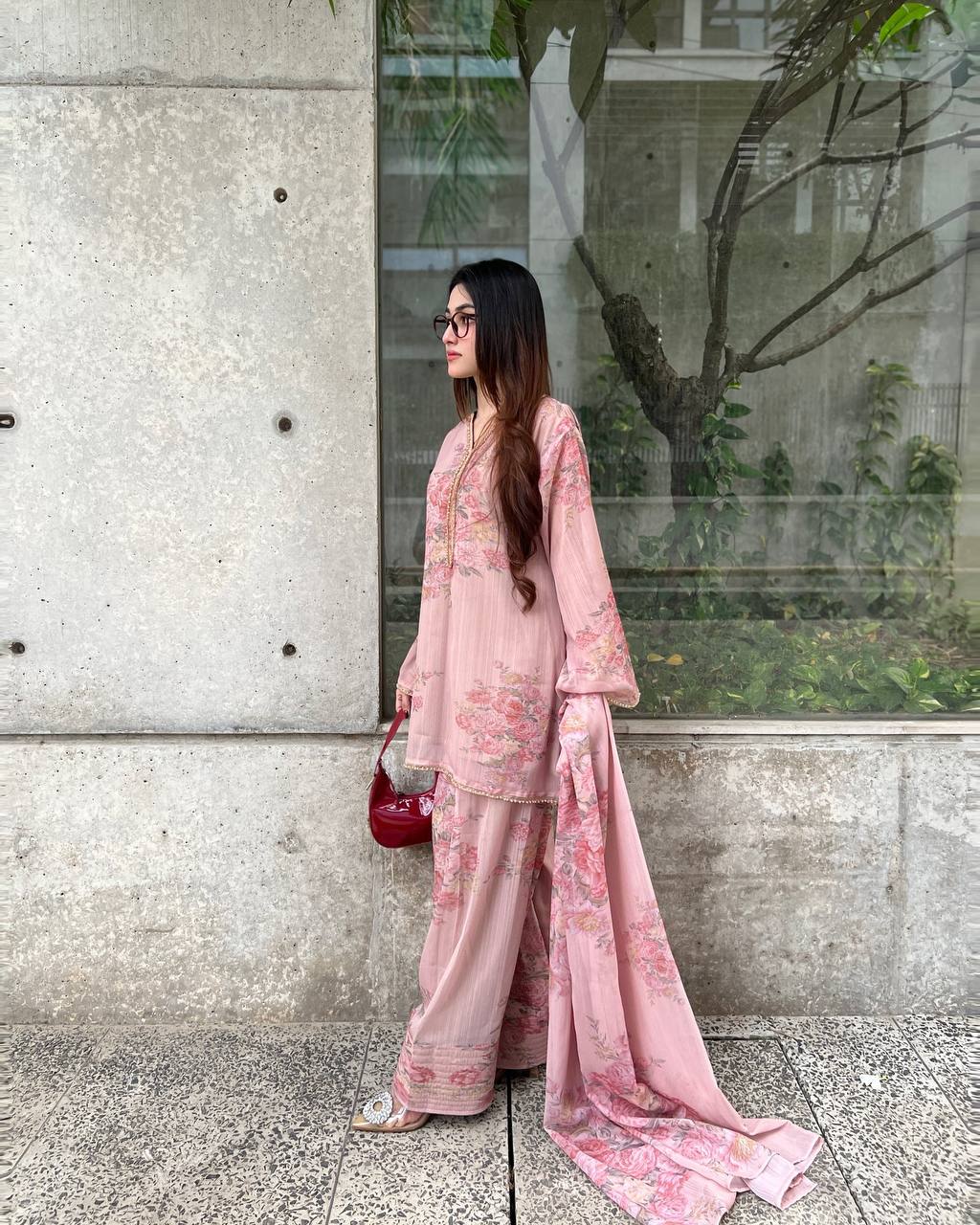 Blush Bloom Soft Muslin with Digital Rose Print Farshi Set