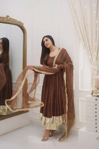 Brown Moti Work With Full Sleeve Anarkali