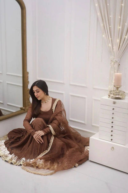 Brown Moti Work With Full Sleeve Anarkali