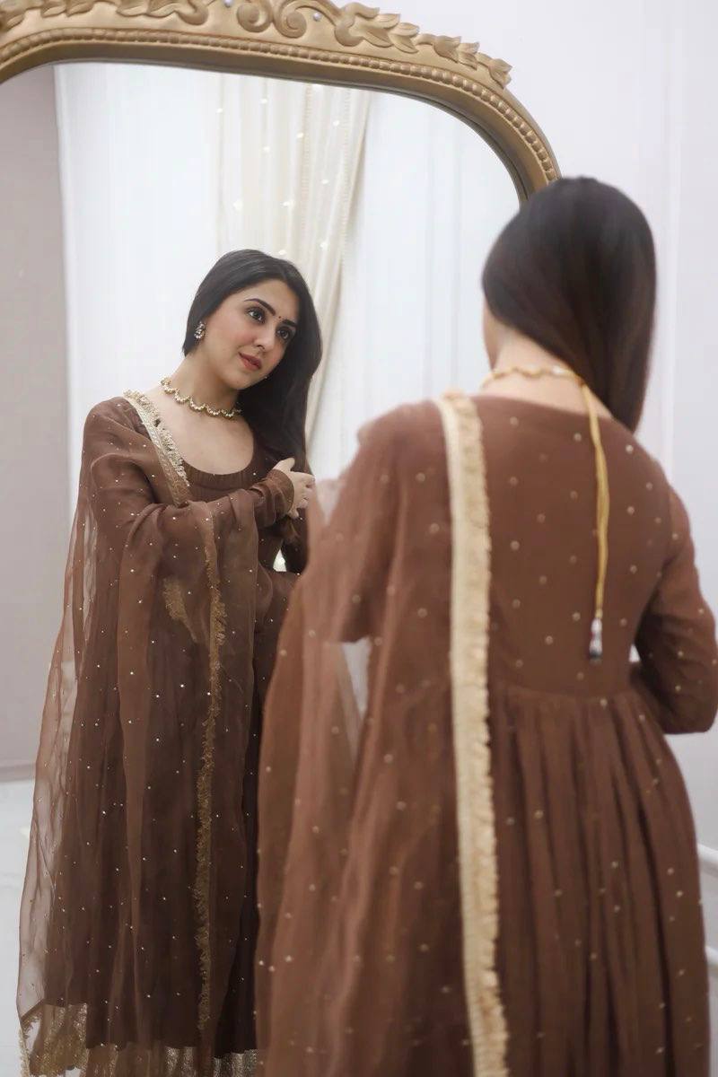 Brown Moti Work With Full Sleeve Anarkali