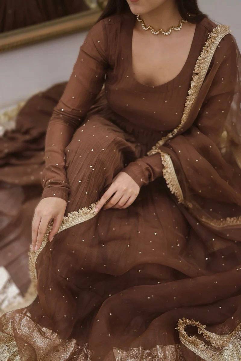 Brown Moti Work With Full Sleeve Anarkali