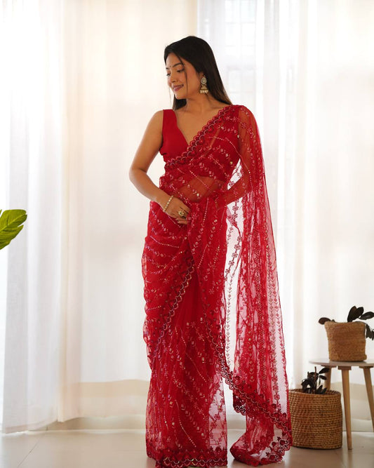 Red Classic Designer Cutwork Border Saree