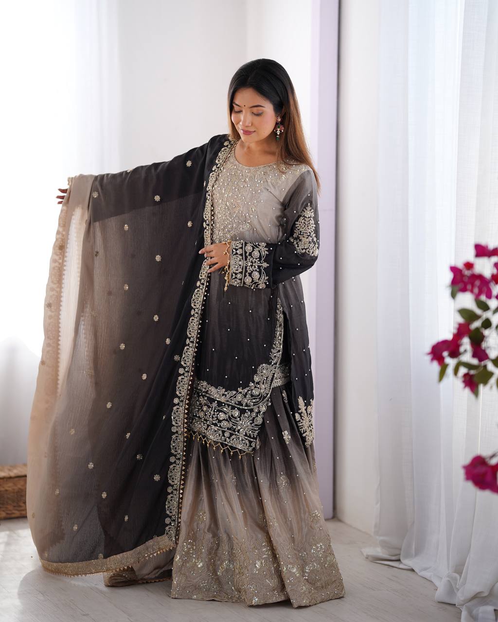 Rust Chinon silk Designer Party Wear Sharara