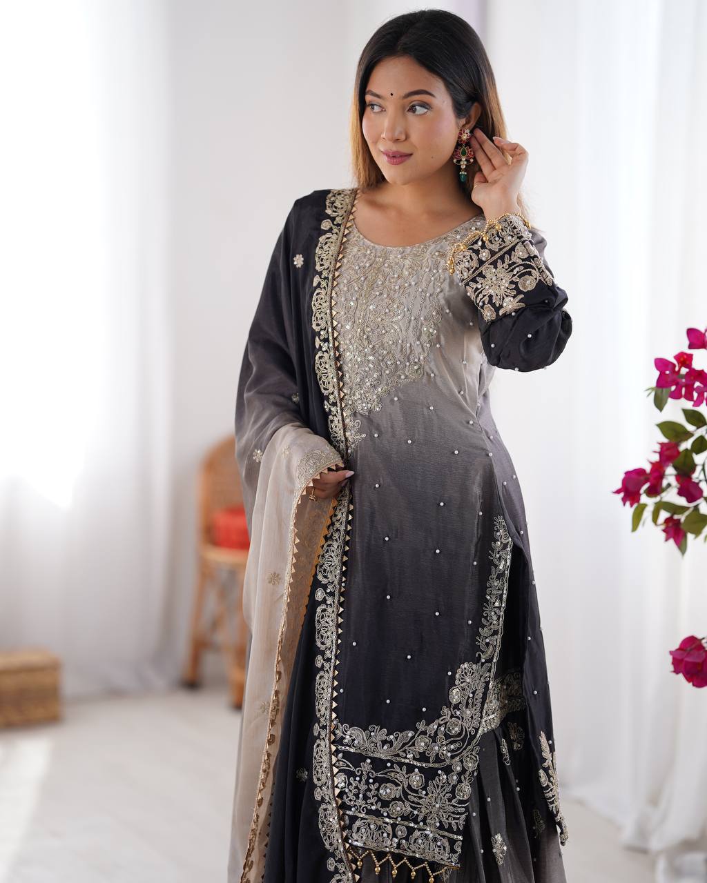 Rust Chinon silk Designer Party Wear Sharara