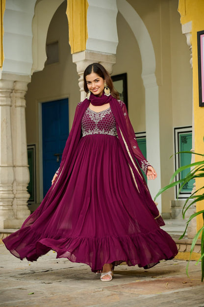 Majestic Maroon Embroidered Flowing Gown