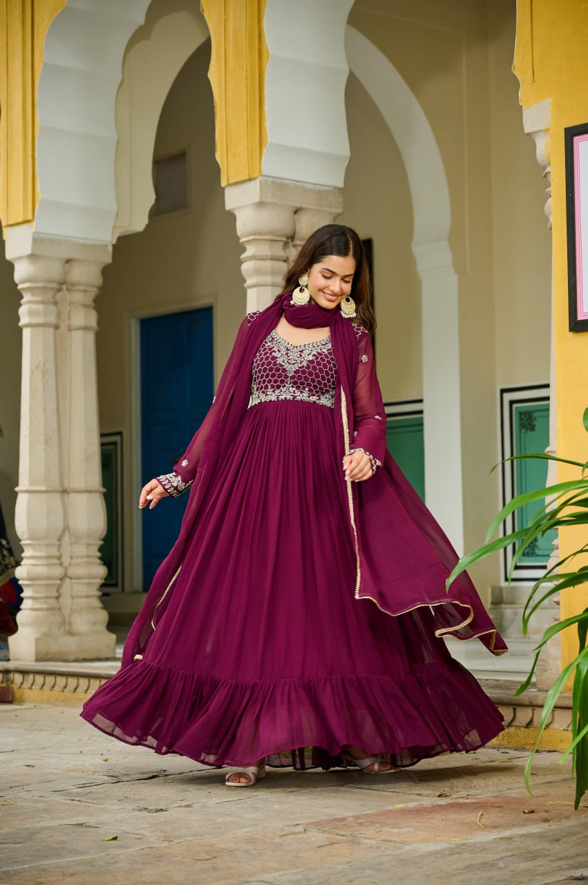 Majestic Maroon Embroidered Flowing Gown