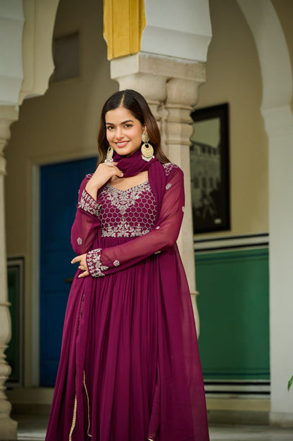 Majestic Maroon Embroidered Flowing Gown