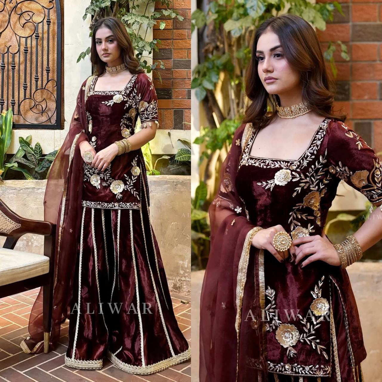 Rozi Maroon Velvet Embroidered Palazzo Set