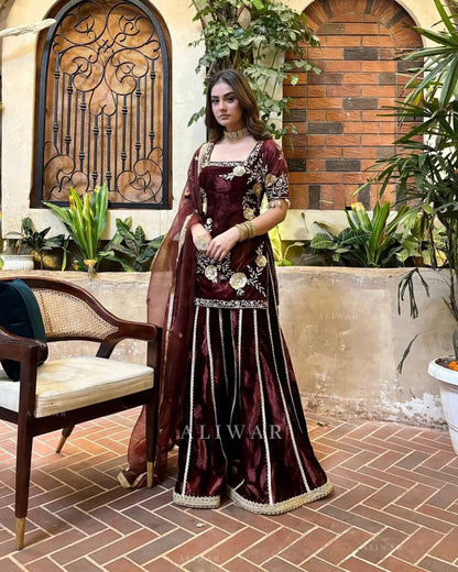 Rozi Maroon Velvet Embroidered Palazzo Set
