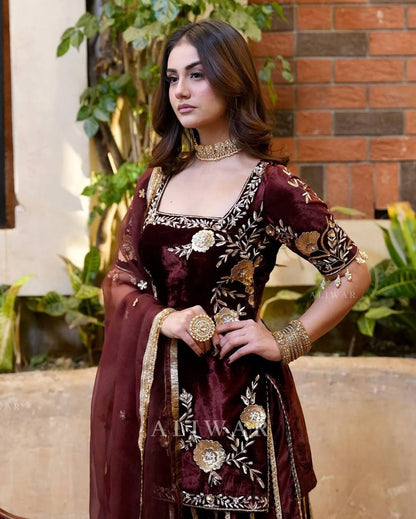 Rozi Maroon Velvet Embroidered Palazzo Set