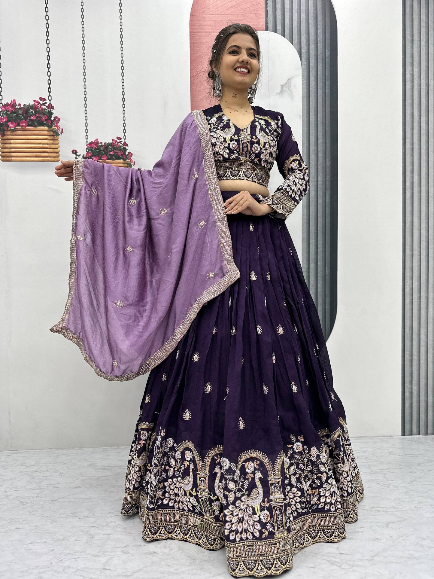 Peacock Embroidered Purple Lehenga Choli