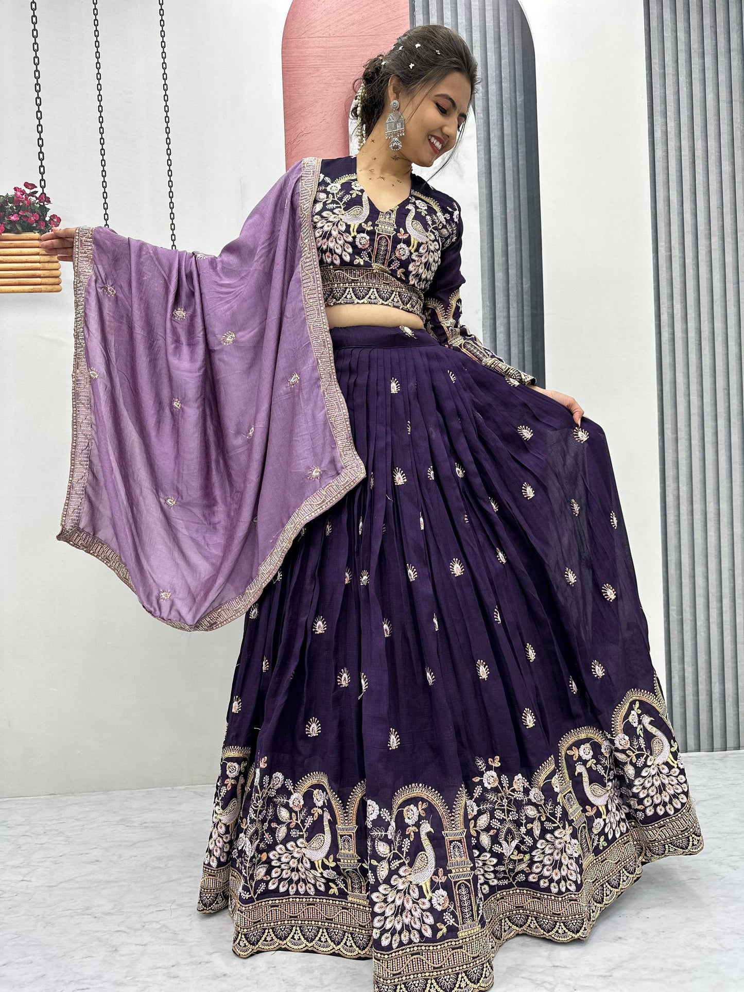Peacock Embroidered Purple Lehenga Choli