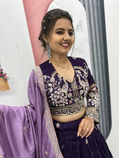 Peacock Embroidered Purple Lehenga Choli