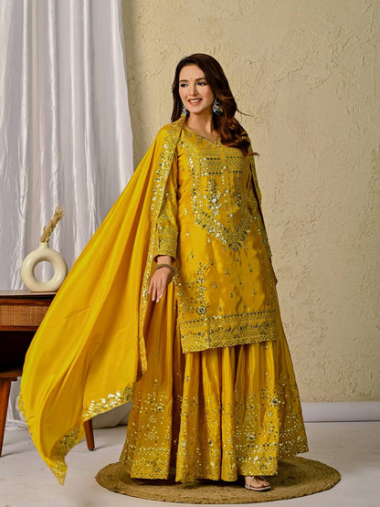 Haldi Yellow Designer Chinnon Silk Embroidery Sharara