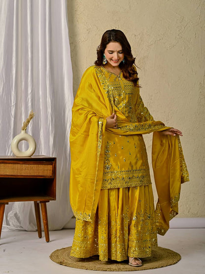 Haldi Yellow Designer Chinnon Silk Embroidery Sharara