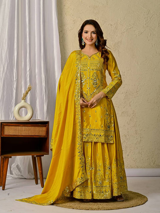 Haldi Yellow Designer Chinnon Silk Embroidery Sharara