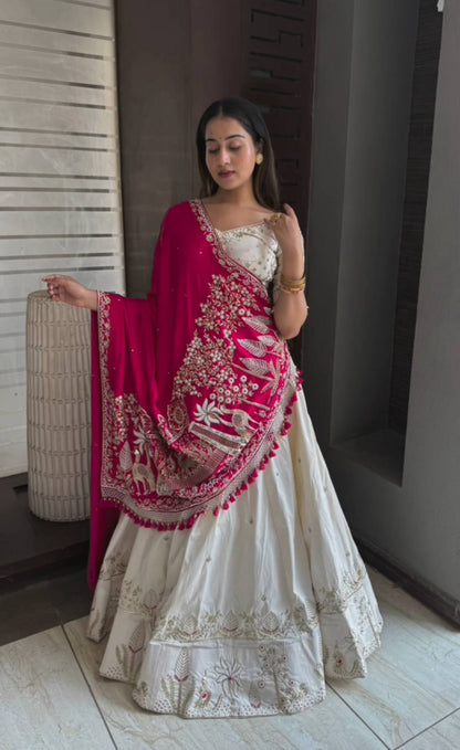 Raangili Embroidered Lehenga with Heritage Rani Pink Dupatta