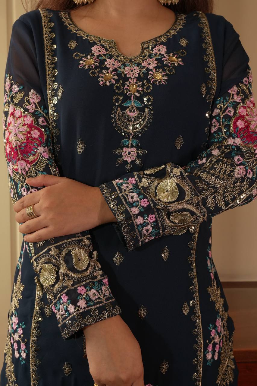 Mahira’s Royal Navy Blossom Suit Set