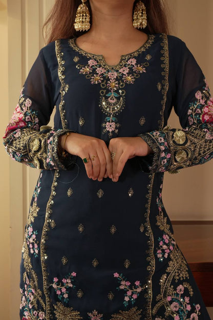 Mahira’s Royal Navy Blossom Suit Set
