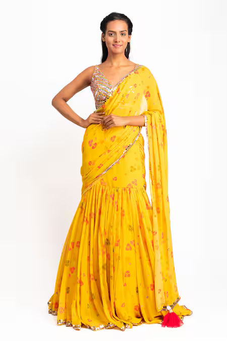 Meera Sunshine Bloom Ruffle Georgette Lehenga Saree