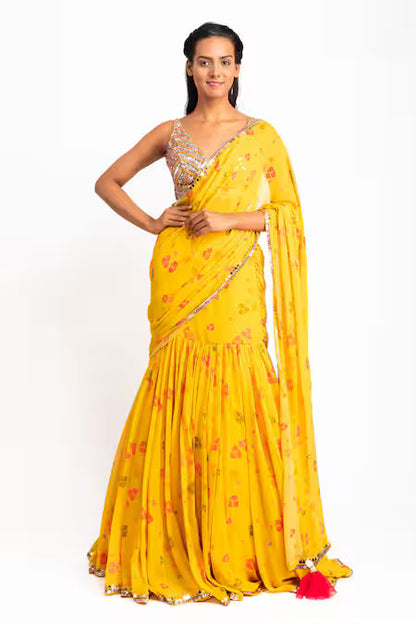 Meera Sunshine Bloom Ruffle Georgette Lehenga Saree